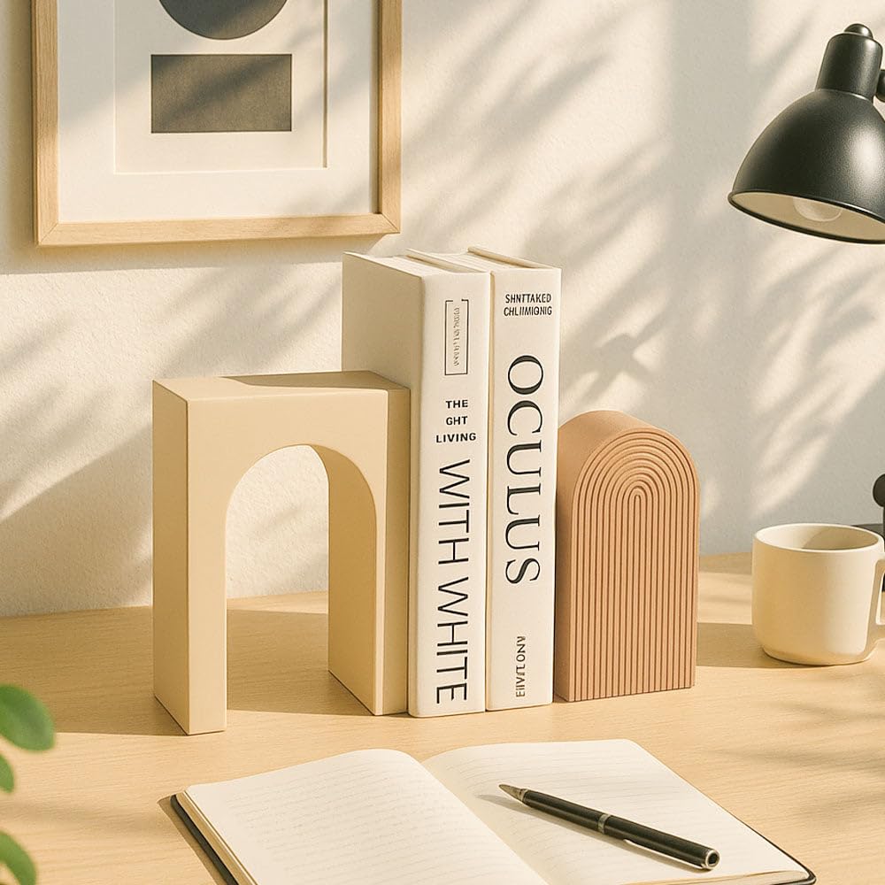 Arched Concrete Bookends for Shelf | Decorative Bookends for Shelves and Home | Book end/Stopper for Office Decor, Heavy Books, Living Room & Bedroom - Greige Taupe-image-2