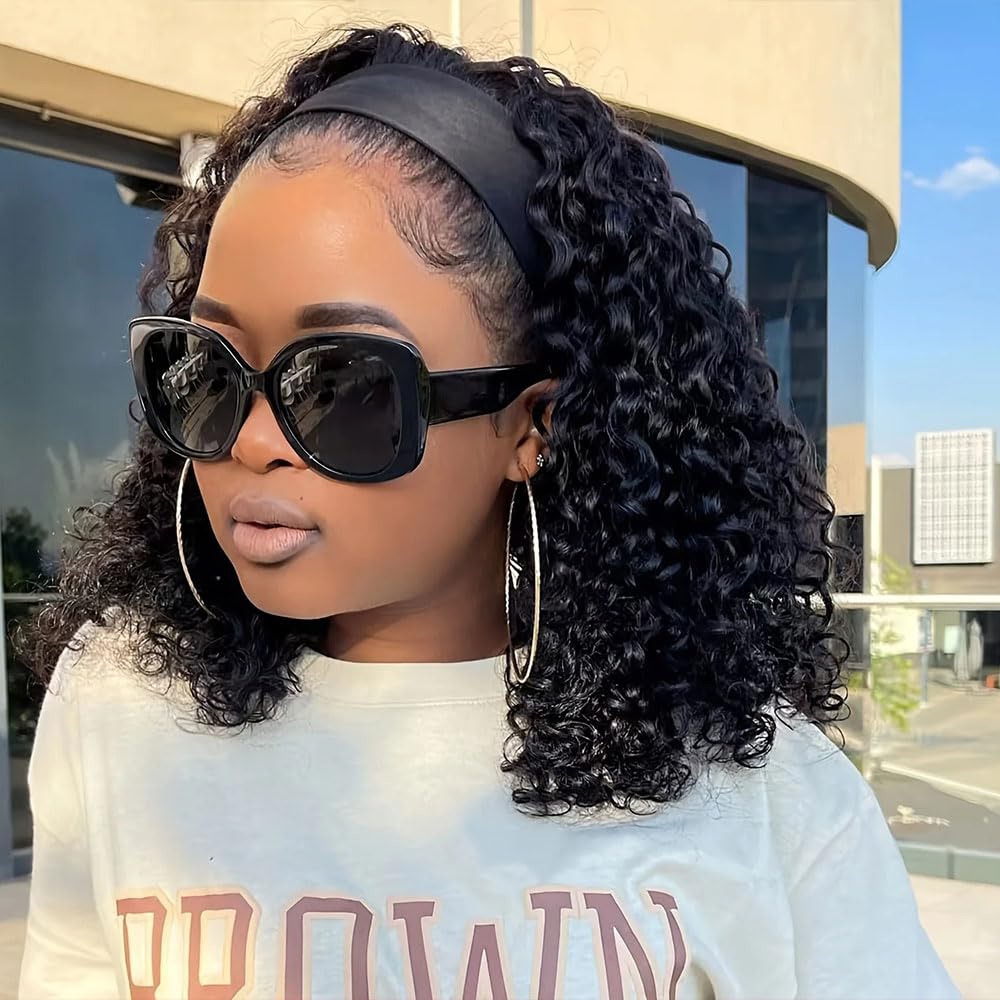 Annora Short Curly Wave Headband Wigs Human Hair for Black Women Glueless None Lace Front Human Hair Machine Made Wigs 150% Density Natural Color Wig 14 Inch