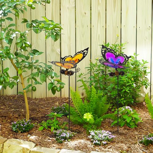 Butterfly Garden Stakes,Butterfly Kit Made of Glass and Metal,Colorful Butterflies Garden Decorations Can Make The Garden Full of Color and Vitality. (Yellow and Purple)