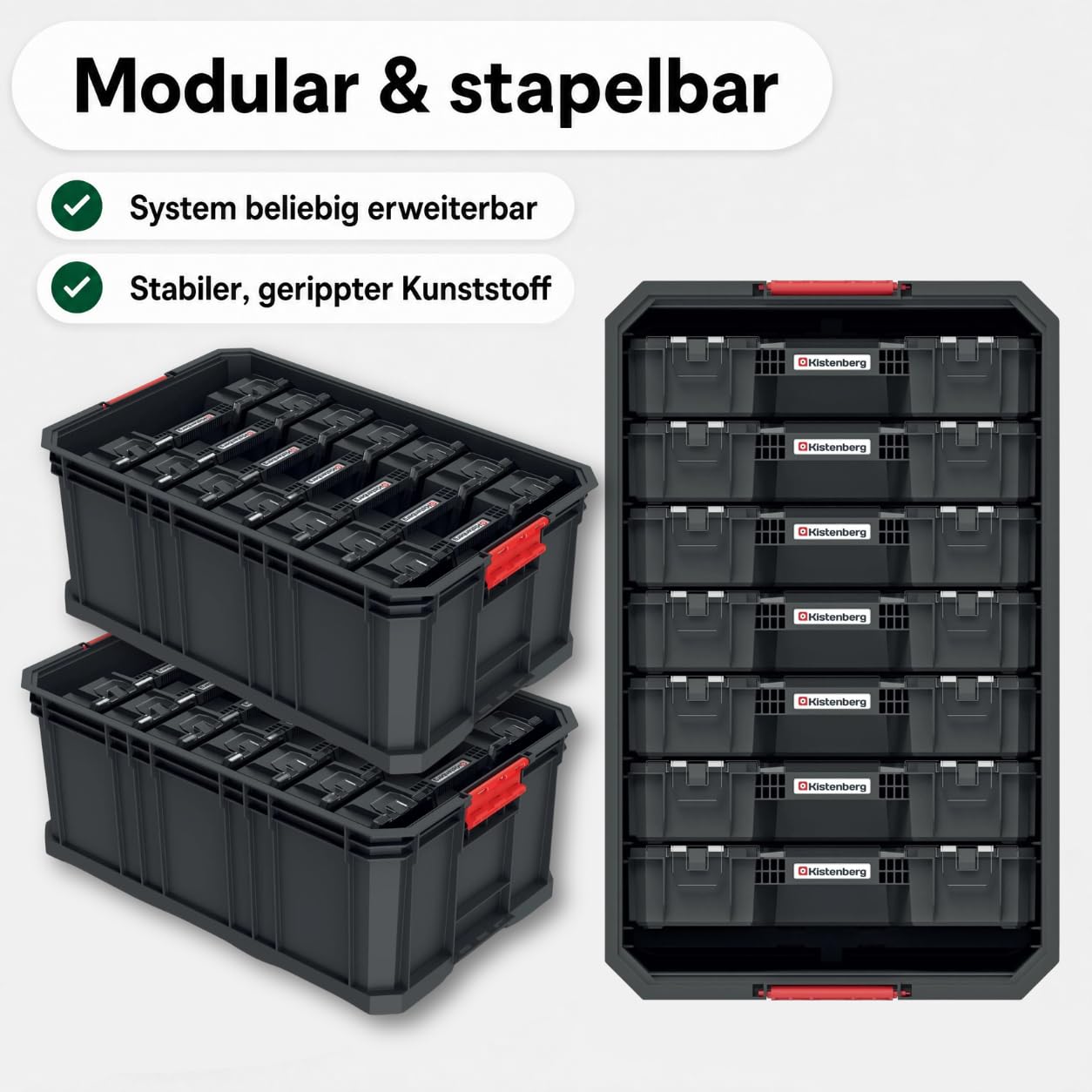 Sortimentskasten Set 7-tlg., Kleinteilemagazin mit Trennwänden | 520x329x210 mm, Modulare Werkzeugkiste mit Sortierboxen für Kleinteile – stapelbar, wandmontierbar, bis 50 kg belastbar
