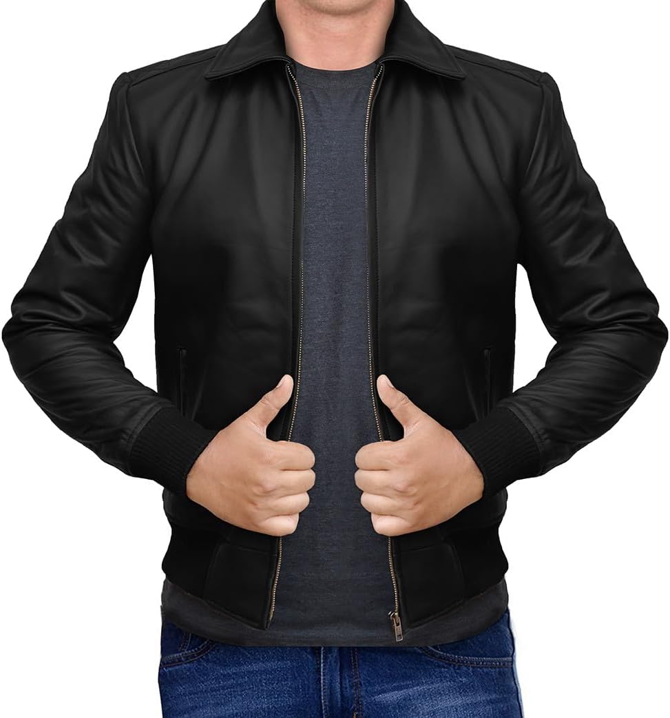 70s Style Classic Bomber Leather Jacket - Mens Vintage Real Lambskin Jacket