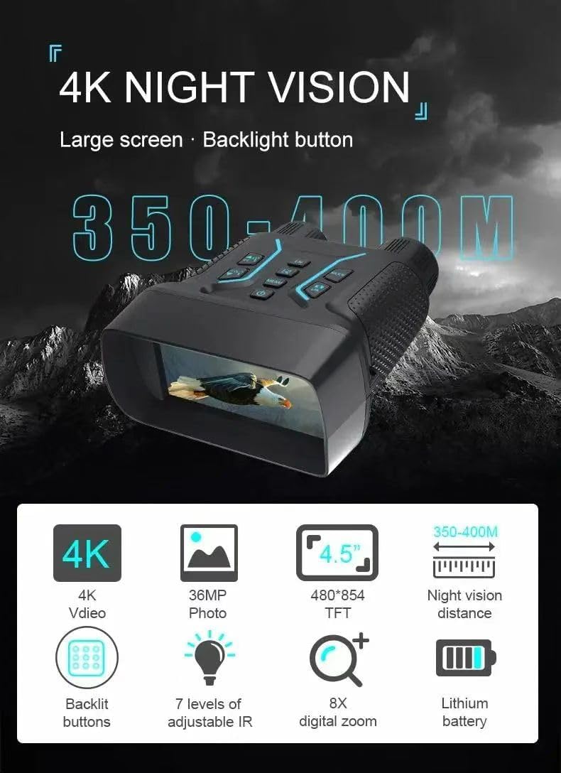 Prismáticos de visión nocturna 4K con fotos de 40 MP, pantalla de 4.5 pulgadas y rango de 400 m, zoom digital 8X, impermeable IP54, batería de 4000 mAh y tarjeta TF de 32 GB para caza, observación de
