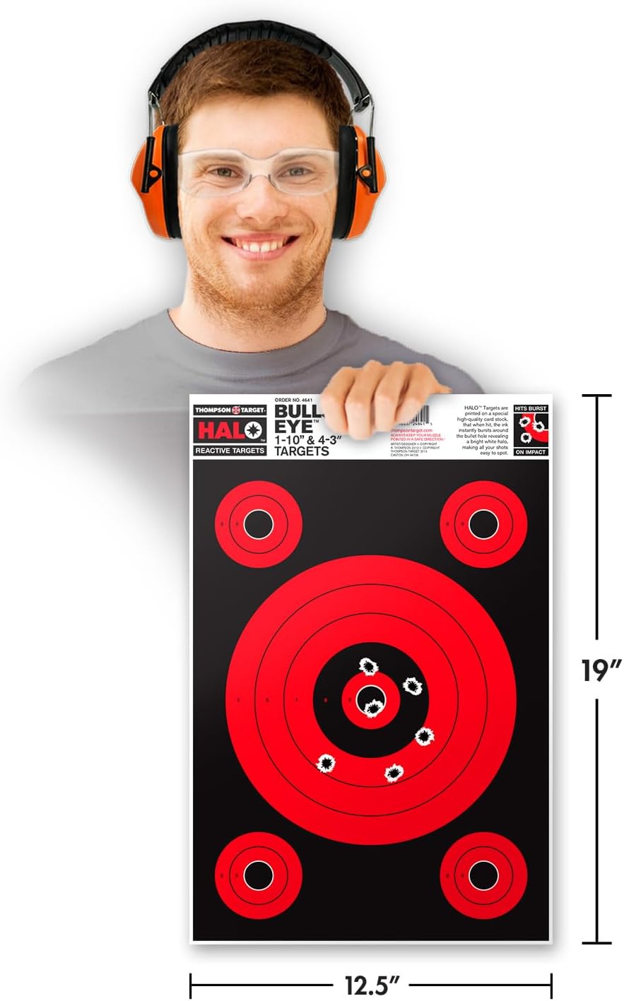 Thompson Target Halo Bullseye 10" & 3" - High Visibility Reactive Splatter 12.5x19 Inch Shooting Targets for Rifle and Pistol Range Training - Made in The USA