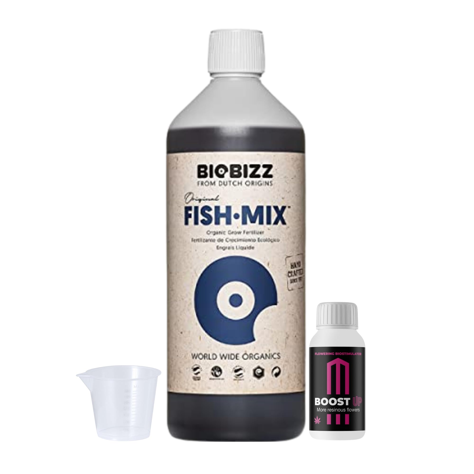 GROWMANIA Fish Mix de BioBizz 1L + Probe Boost Up de Up Nutrients + Cuillère à mesurer | Stimulateur organique de la croissance | Idéal pour les jardins domestiques et les installations domestiques