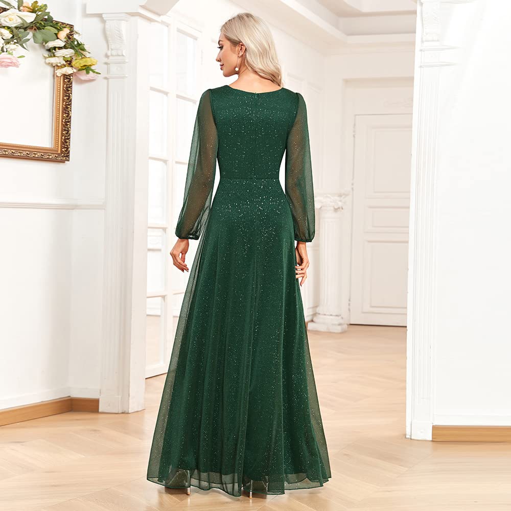 Vestido de noche para mujer, cuello en V, lentejuelas, manga larga, línea A, elegante, de gasa, vestido de fiesta, vestido de cóctel, vestido de otoño, corte ajustado, con cinturón, vestido de baile,