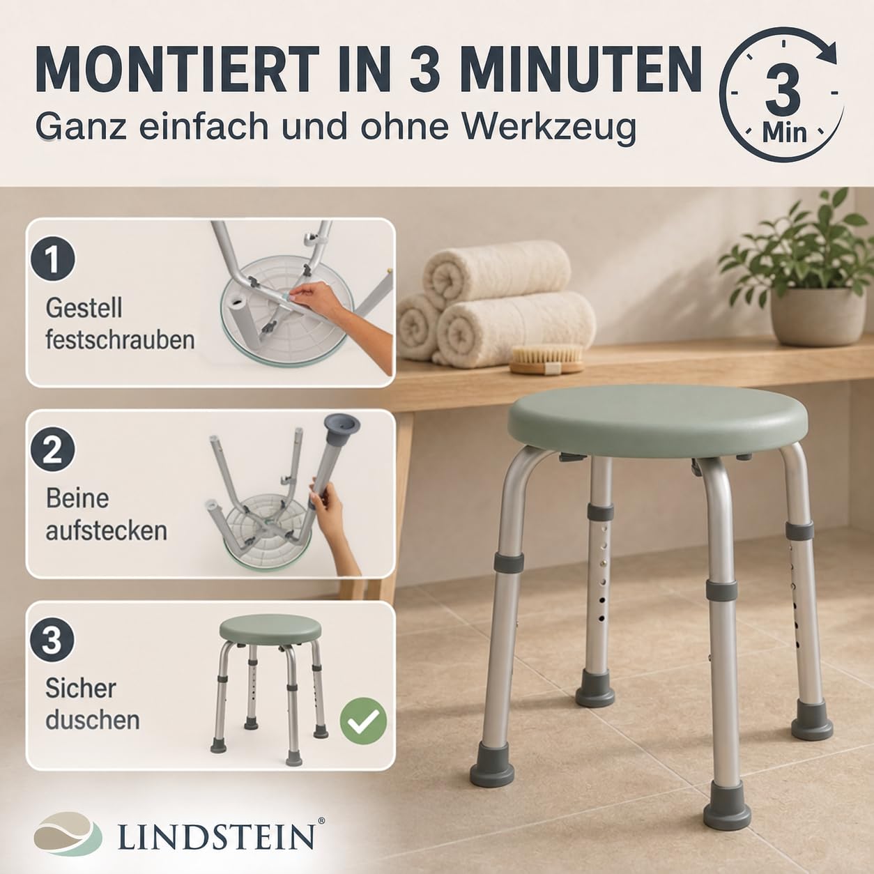 Duschhocker Duschstuhl für Senioren rutschfest | 360° drehbar mit Brausehalterung. Bis 136 kg. Höhenverstellbar. Badhocker, Hocker