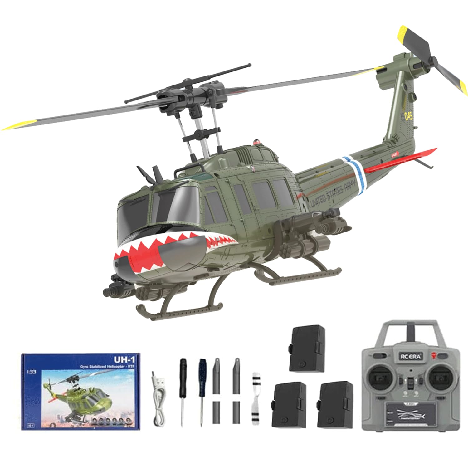 NULA RC ERA C032 UH-1 Huey RC Helicopters, 1/48 Scale 6CH 2.4G 6-Axis Gyro Stabilized Military Aircraft with 3D Inverted Flight & Altitude Hold for Adults Beginners (RTF / 3 Battery)