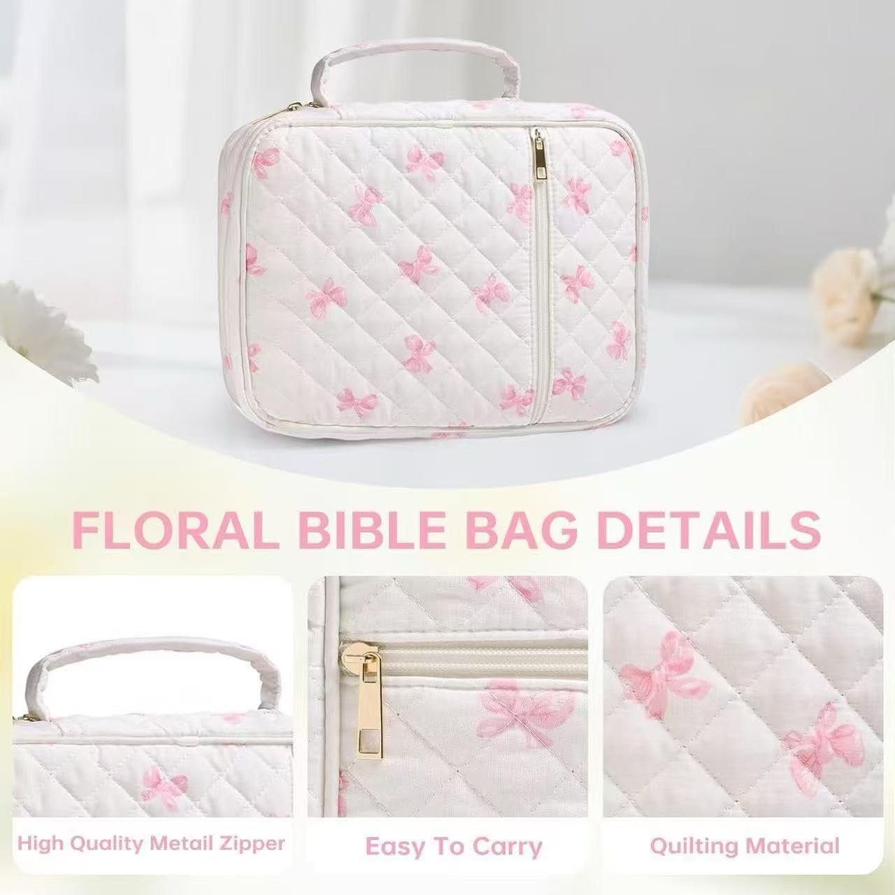 Bible Cover Case for Women, Large Bible Tote Bags Organizer Quilted Carrying Case for Girls,Bible Study Supplies Accessories Christian Gifts for Women