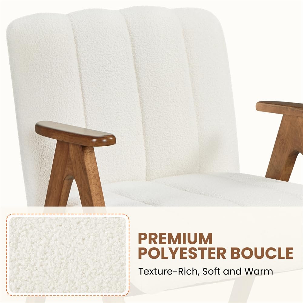Yaheetech Sillón de Salón con Patas de Madera Maciza Respaldo y Cojín de Asiento Acolchado Sillón Relax Tapizado en Tela Bucle para Rincones de Lectura Salas de Estar Blanco