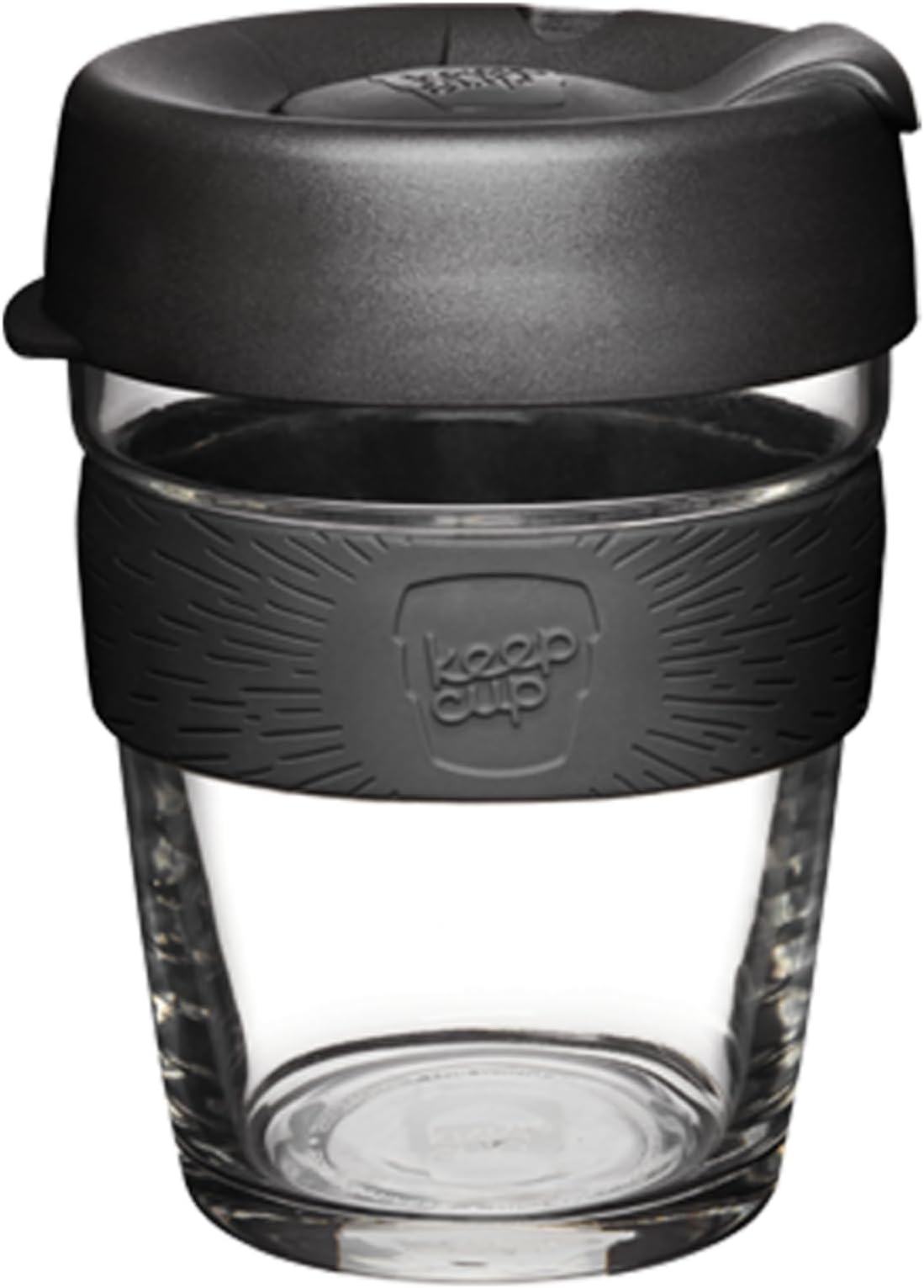 Brew, Reusable Coffee Cup - Tempered Glass and Splashproof Sipper, M 12oz/340ml - Black