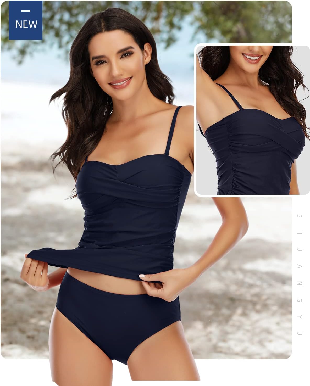 Shuangyu Women's Twist Front Bandeau Tankini Set Two Pieces Ruched Tummy Control Suimsuit with Mid Waist Briefs - Image 3