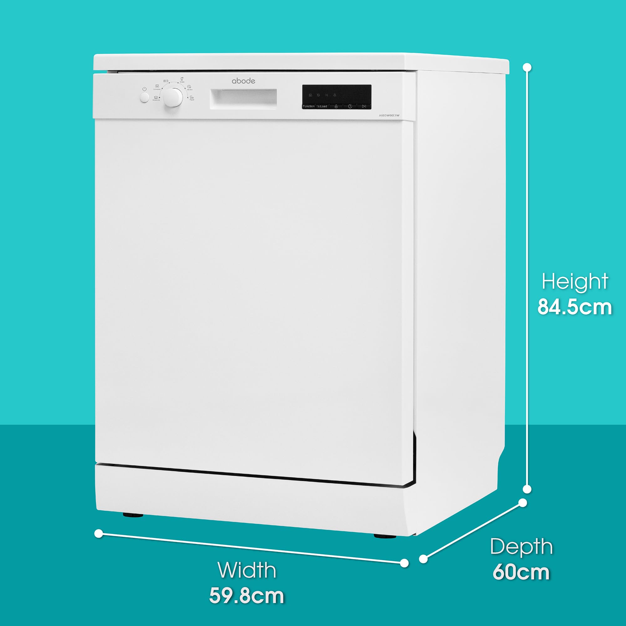 Abode Freestanding Dishwasher Class E with 12 Place Settings, 6 Wash Programs, 24-Hour Delay Start, Removable Cutlery Basket & Deep Clean Function in White A60DW00E1W — view 3