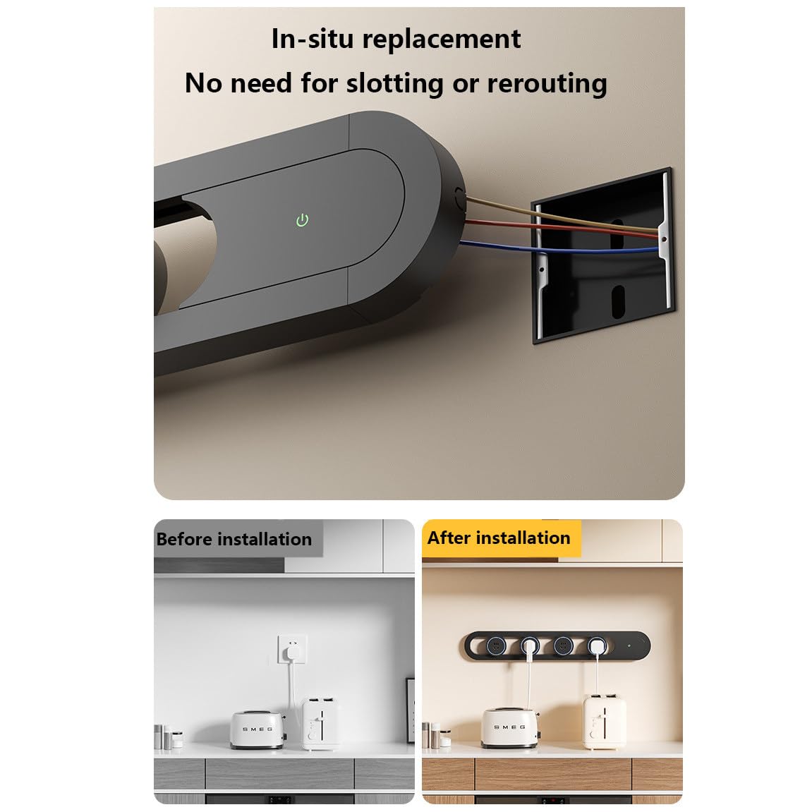Multipresa da Parete per Tavolo E Pareti (70 Cm), Binario per Prese Elettriche con Adattatore per Presa Rimovibile, Binario Elettrico Moderno per Cucina E Soggiorno Grey-A