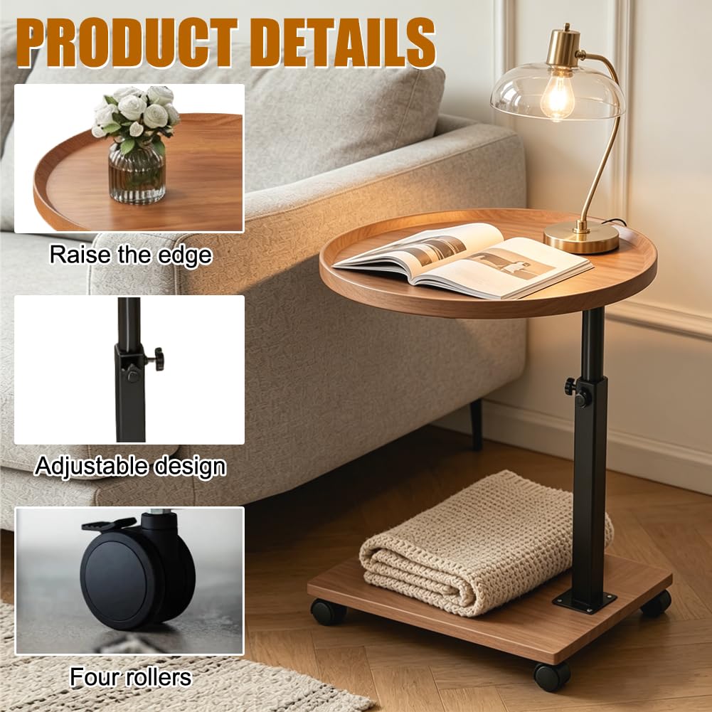 Tavolino girevole a 360°, tavolino con ruote, altezza regolabile 45-80 cm, forma a C, tavolino rotondo piccolo per divano, letto e ufficio (colore legno naturale)