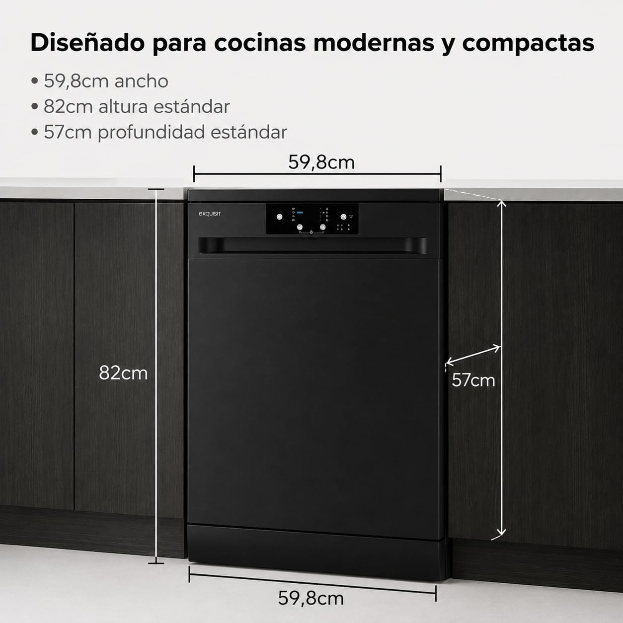 Exquisit® Lavavajillas 60cm Negro Libre Instalación 14 Servicios Clase D | 4 programas de lavado, inicio diferido, bajo consumo y funcionamiento silencioso para uso diario