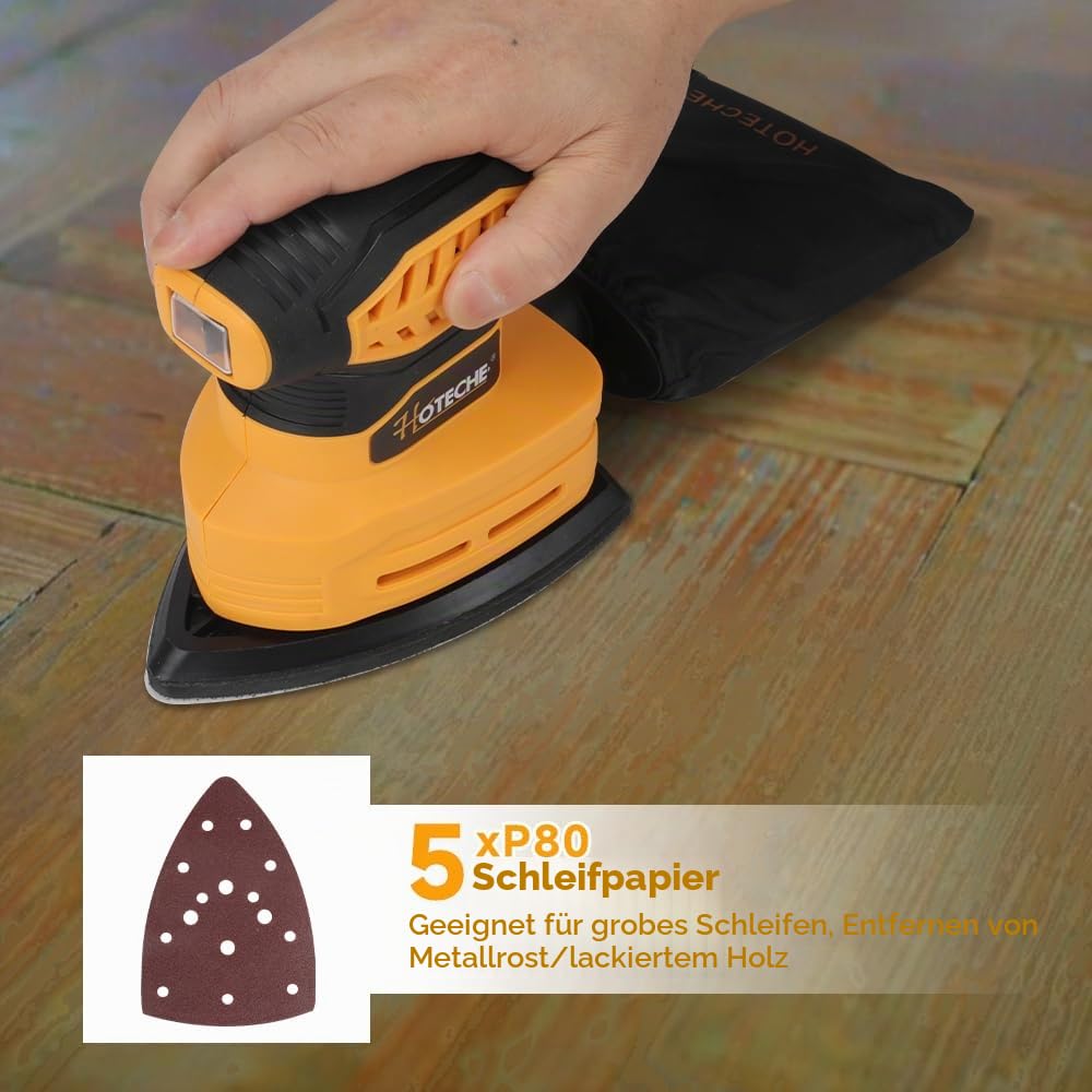 Hoteche 160W Deltaschleifer - Leistungsstarke Schleifmaschine für Holz, Möbel & DIY - 13000rpm, Selbstabsaugung, 140x140x80mm Platte, inkl. Carbonbürsten, 5 Schleifblätter & Staubbeutel