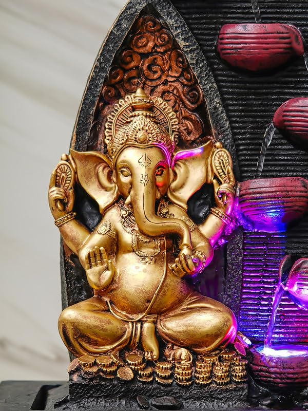 Image of Golden Brown Polyresin Tabletop Ganesha 6 Step Indoor Water Fountain for Home Decor with LED, Speed Control Pump (Size: 37 x 28 x 58 CM | Weight: 3000Gram)