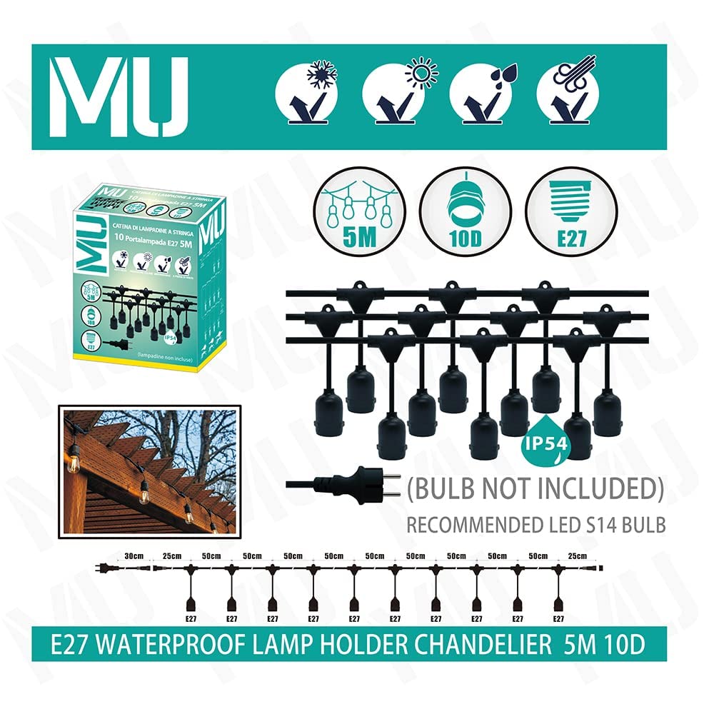 mulin Guirnalda Luces Exterior LED 15(3 * 5) Metros 30 Portalámparas Para LED E27 Negro Cable Impermeable Extensible Hasta 1000W IP54 Exterior Jardín Boda [Clase de eficiencia energética: A]