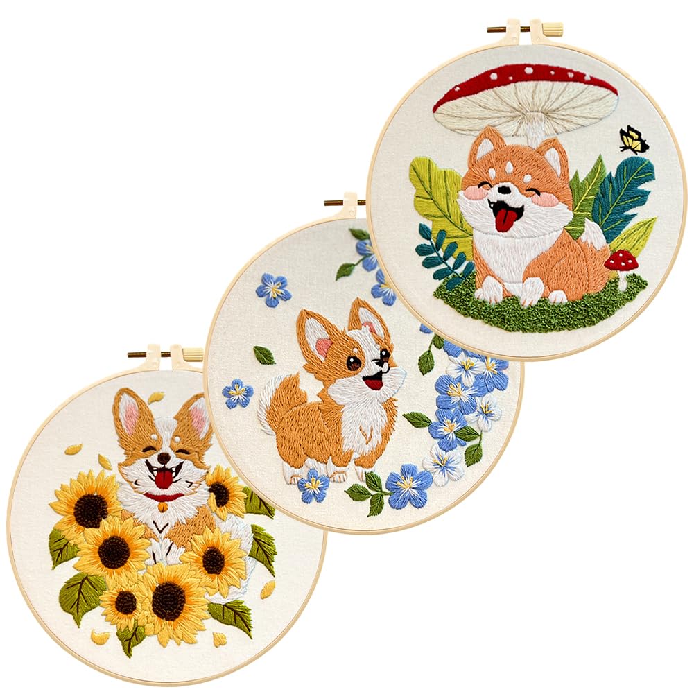 Eforcase 3 Sets Embroidery Starter Kit for Adult Beginner - Flowers Animal Embroidery Set for Adult - Cute Dog Pattern Cross Stitch Hand Embroidery