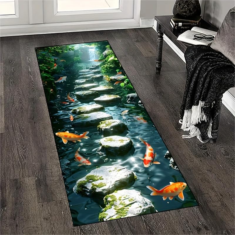 3D River Scenery Long Hallway Runner, 2x8ft, Creek Koi Entrance Rug, Breathable Foldable No Crease Durable, Low Pile Non-Shedding Anti-Slip Area Rug