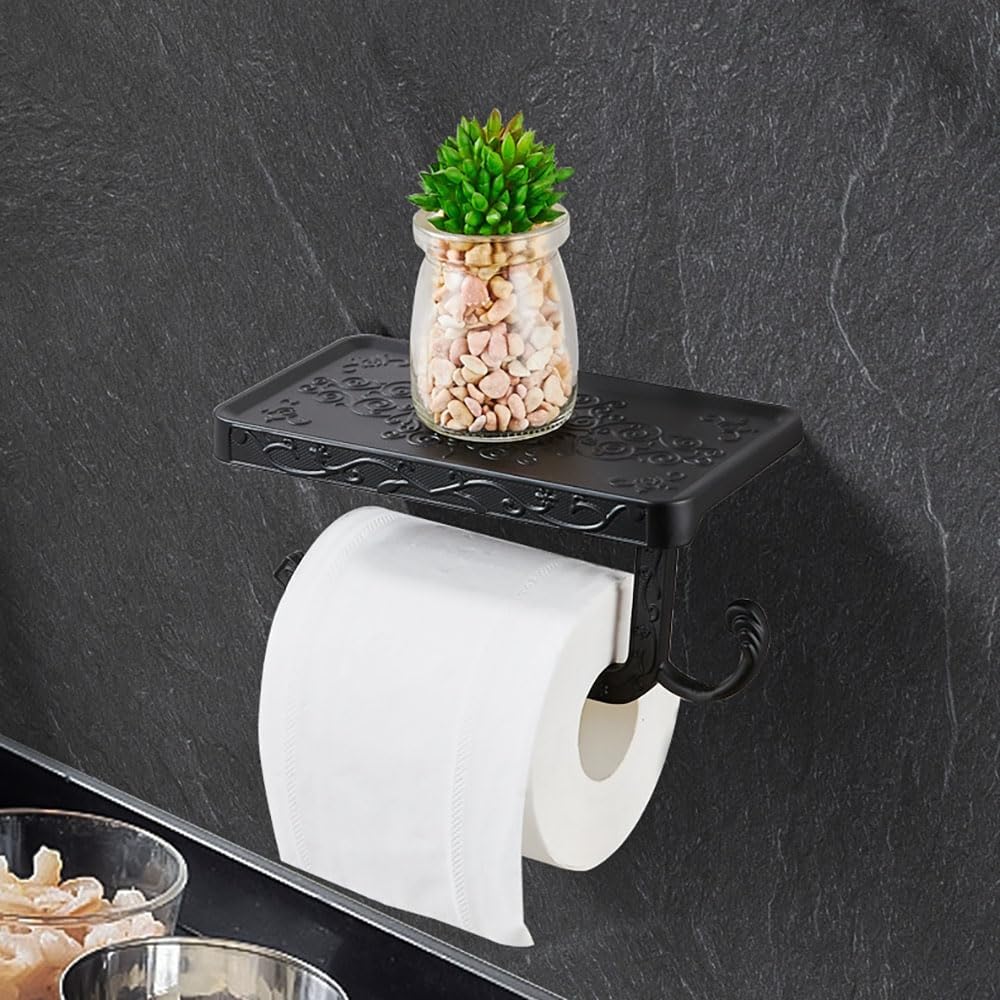Vintage Toilet Paper Holder Wall Mount Toilet Roll Holder with Shelf and Hook Bronze Antique Bathroom Accessories Toilet Tissue Roll Holder Hanger Aluminum Material (Black)