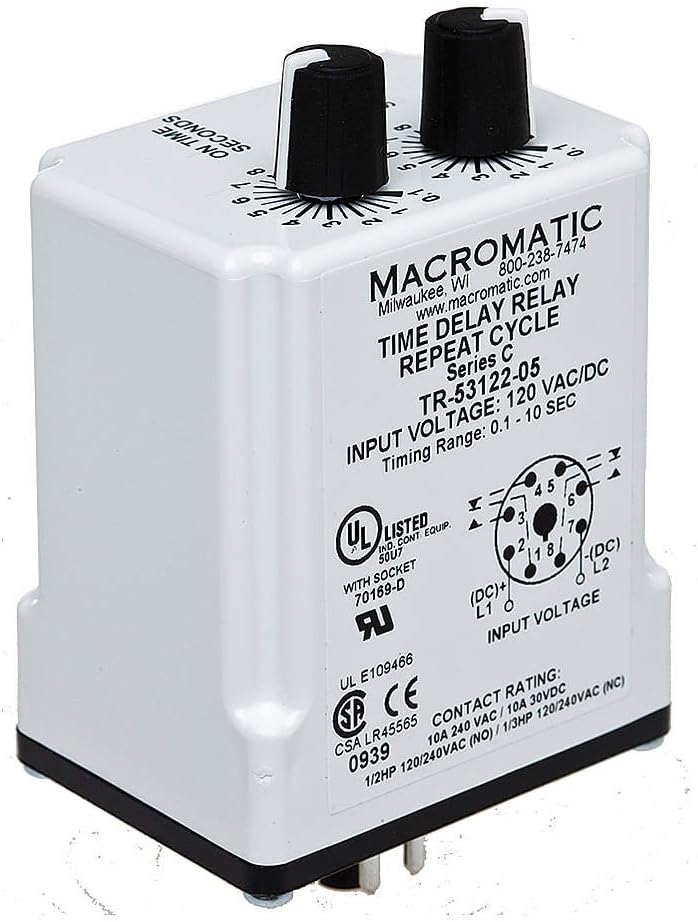Macromatic - TR-55121-05 - Time Delay Relay, 240VAC Coil Volts, 10A Contact Amp Rating (Resistive), Contact Form: DPDT