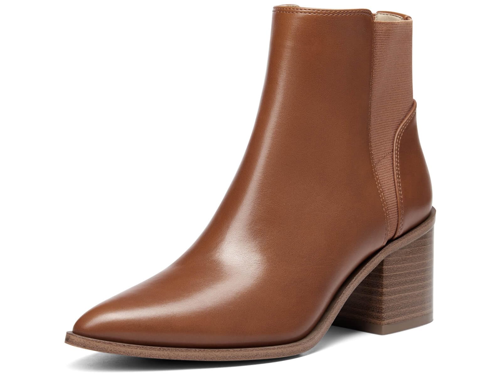 Coutgo Womens Pointed Toe Ankle Boots Elastic Chunky Block Stacked Mid Heel Slip On Chelsea Booties