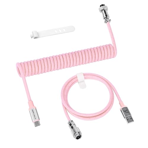 ATTACK SHARK C01 PRO Coiled Keyboard Cable, Custom Coiled USB C Cable for Mechanical Gaming Keyboard,Type-C to USB-A Metal Aviator Cable,Double-Sleeved Braided Charging Keyboard Cable for Mac,PC-Pink - Pink