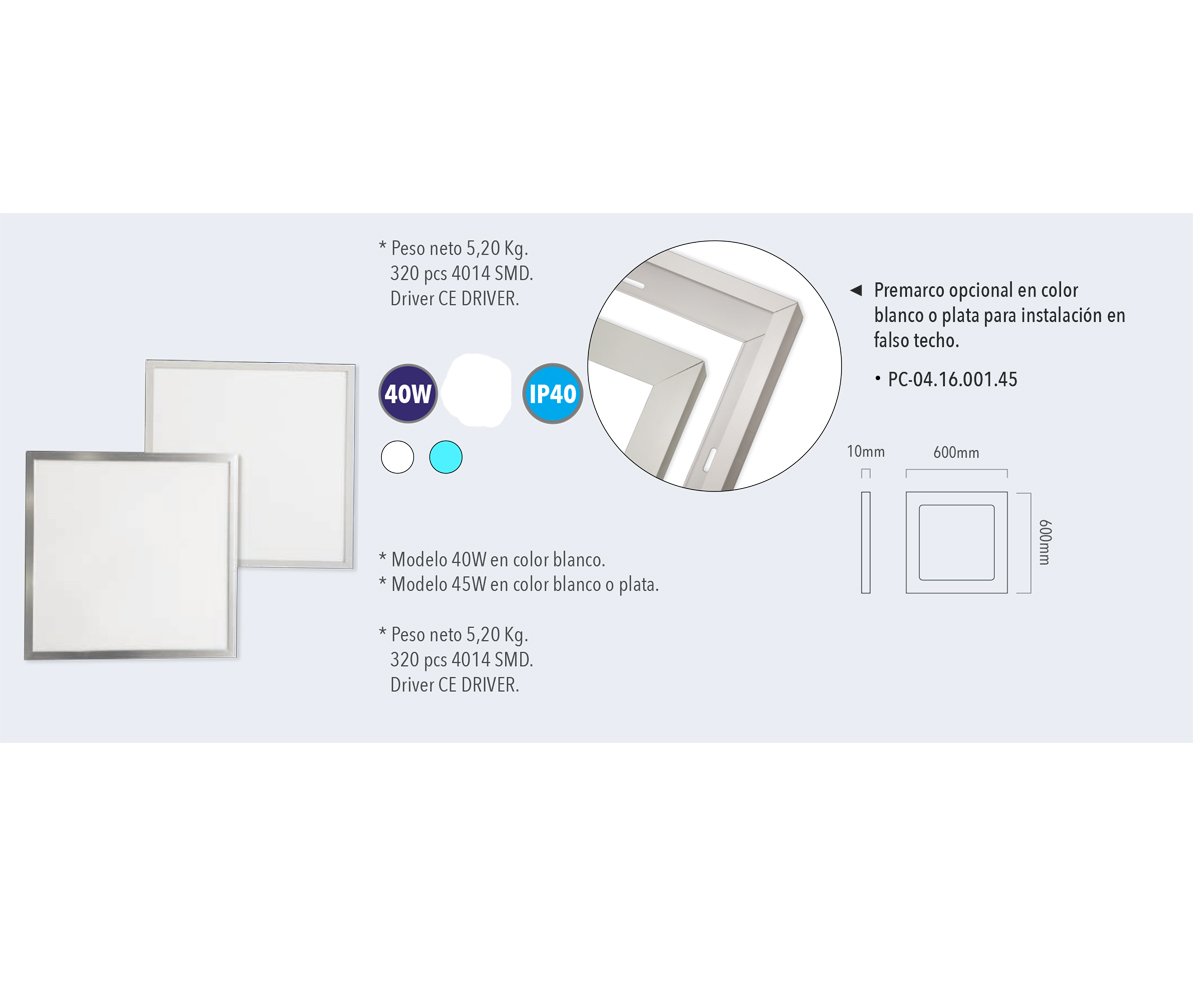 Panel LED 60cm x 60cm 45W 4000 lumens extraplano Luz fría o Neutra ideal para oficinas o zonas de estudio IP40 (Blanco frío)