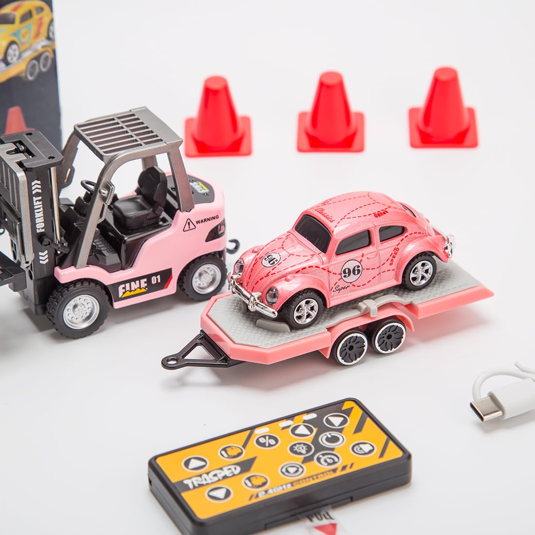Carrello elevatore in scala 1/64 telecomandato, 2,4 G Mini carrello elevatore, gancio di carico funzionante e forchette, accessori per pallet, modello da collezione per adulti