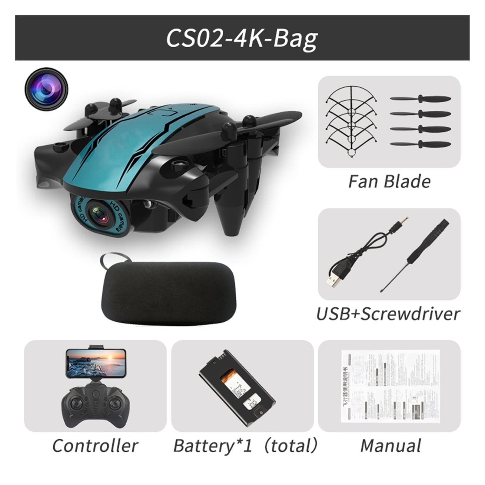 Składany dron Quadcopter RC Mini Drone Kamera 4K HD Fotografia lotnicza WiFi FPV Wysokość Trzymaj Składane fajne zabawki Quadcopter (Kolor : 4K-3B-Rozmiar torby : 1) (4K)