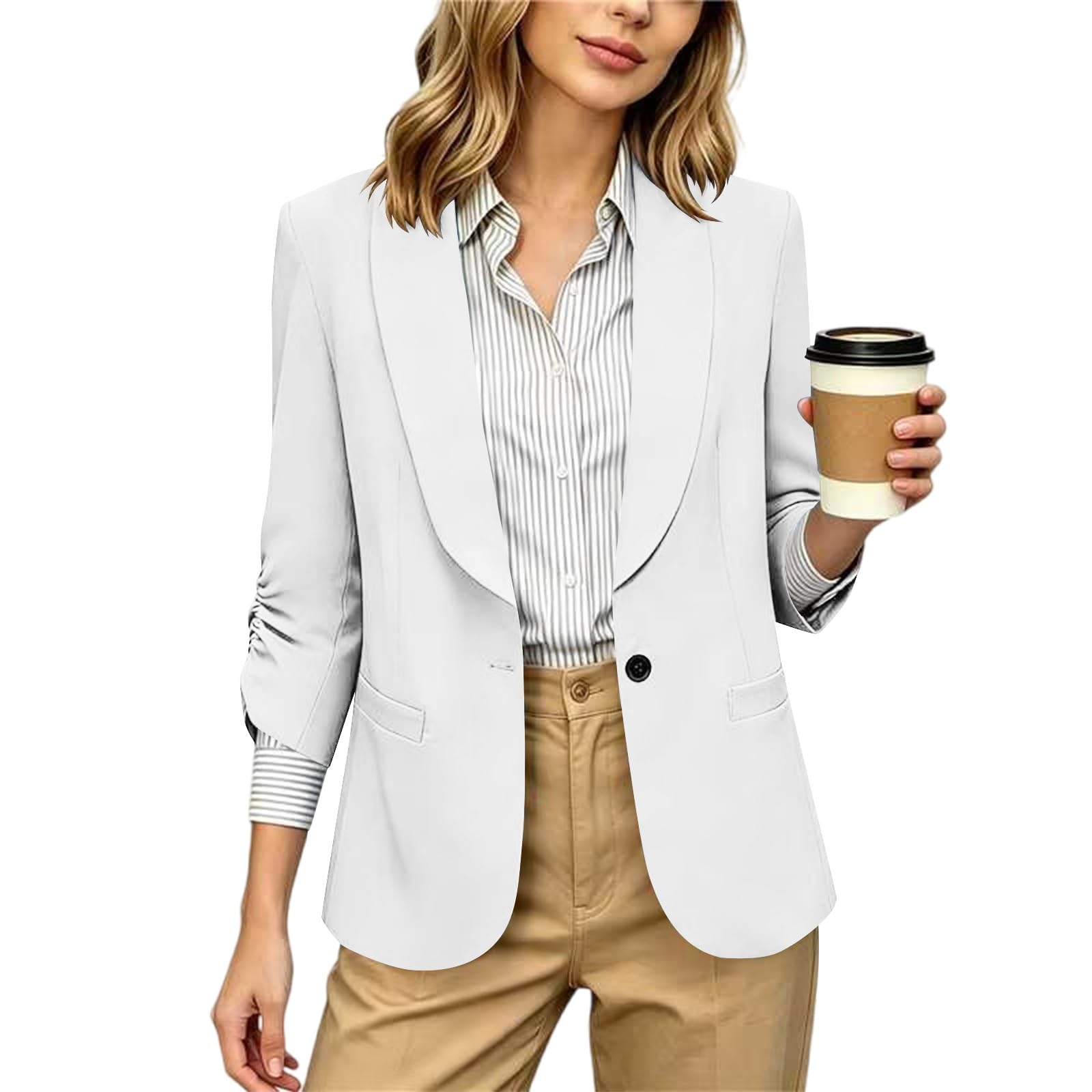 RLEHJN Damen Blazer,Lange Casual Open Front Gefütterte Blazer Arbeit Büro Jacken mit Taschen Sportlich Elegant Blazerjacke Casual Blazer Jacket Übergangsjacke Business Casual Outfits Für Die Arbeit