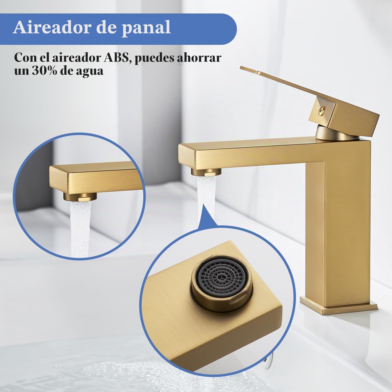 Grifo monomando dorado para lavabo con desagüe, monomando dorado, monomando para lavabo, con desagüe desplegable, mono-cuadrado