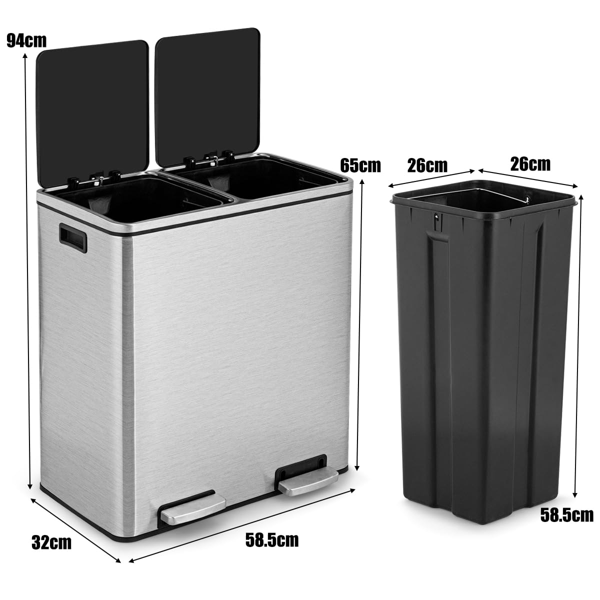 GOPLUS Cubo de basura de acero inoxidable, 2 x 30 L, con 2 compartimentos, a prueba de olores, con tapa, asas, pedal de metal y 2 cubos interiores de plástico, cierre de suavidad para cocina y salón
