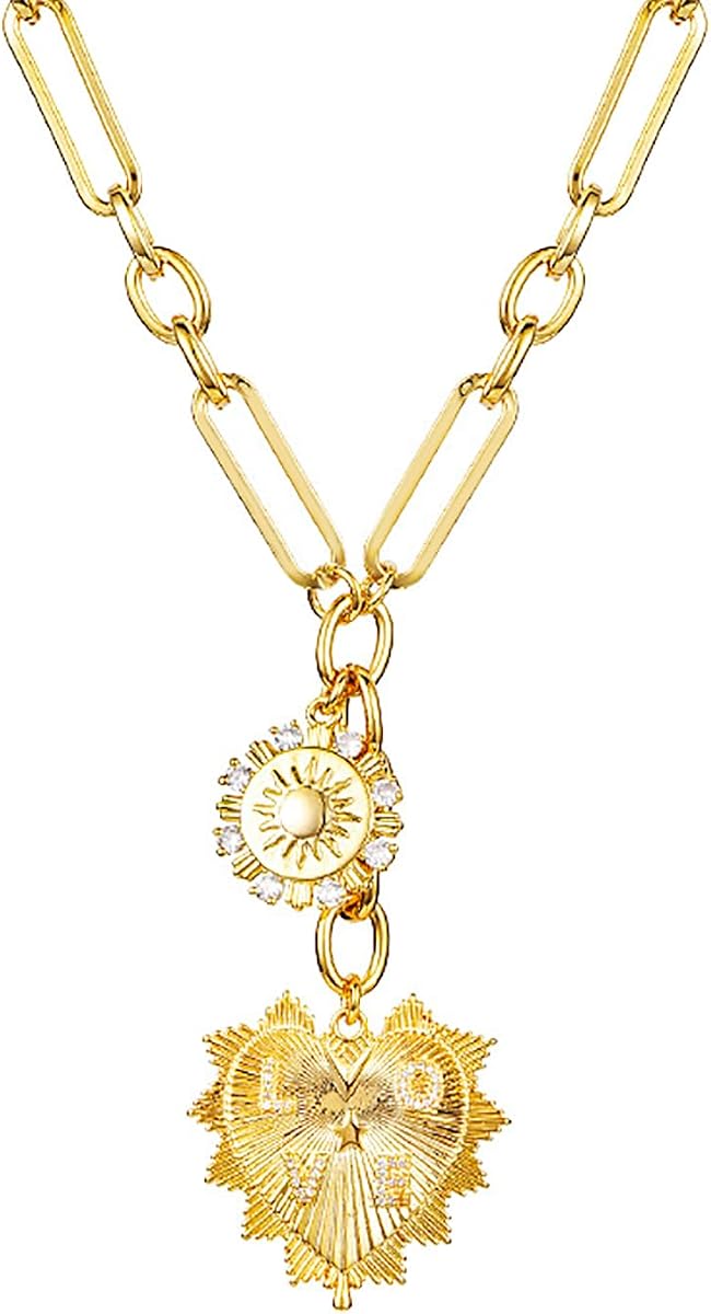 Gargantilla con dije de corazón de sol para mujeres y hombres, chapado en oro con colgantes con incrustaciones de circonitas, cadena gruesa con clip de papel, collar de hip hop, joyería unisex, cadena de eslabones cubanos para mujeres de moda (corazón)