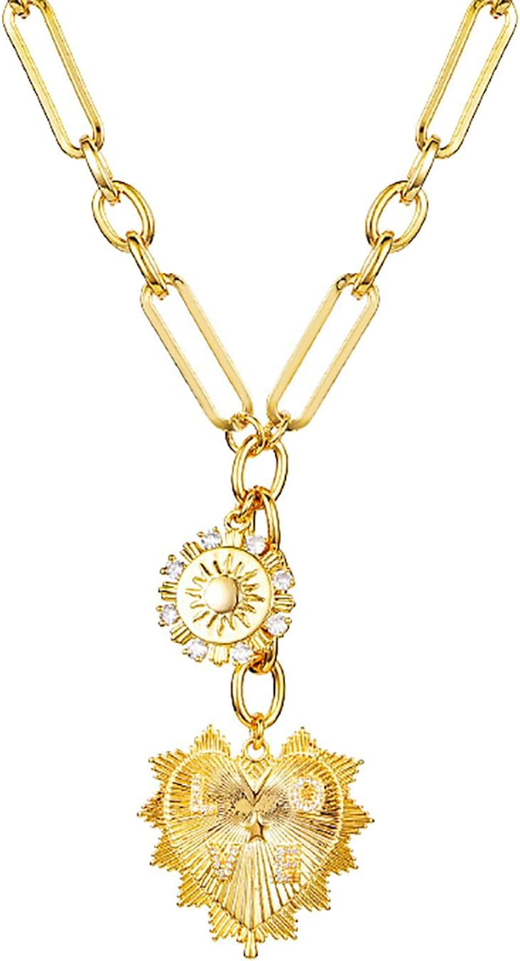 Sun Heart Charm Choker Necklace for Women Men,Golden Plated With Zircons Inlaid Pendants,Thick Chunky Paperclip Chain Hip Hop Necklace Unisex Jewelry,Cuban Link Chain for Women Trendy(Heart)