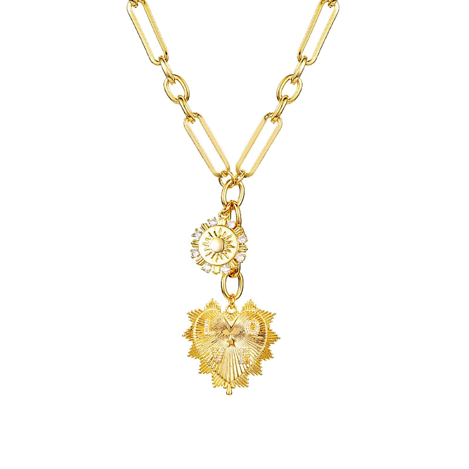 Sun Heart Charm Choker Necklace for Women Men,Golden Plated With Zircons Inlaid Pendants,Thick Chunky Paperclip Chain Hip Hop Necklace Unisex Jewelry,Cuban Link Chain for Women Trendy（Heart）