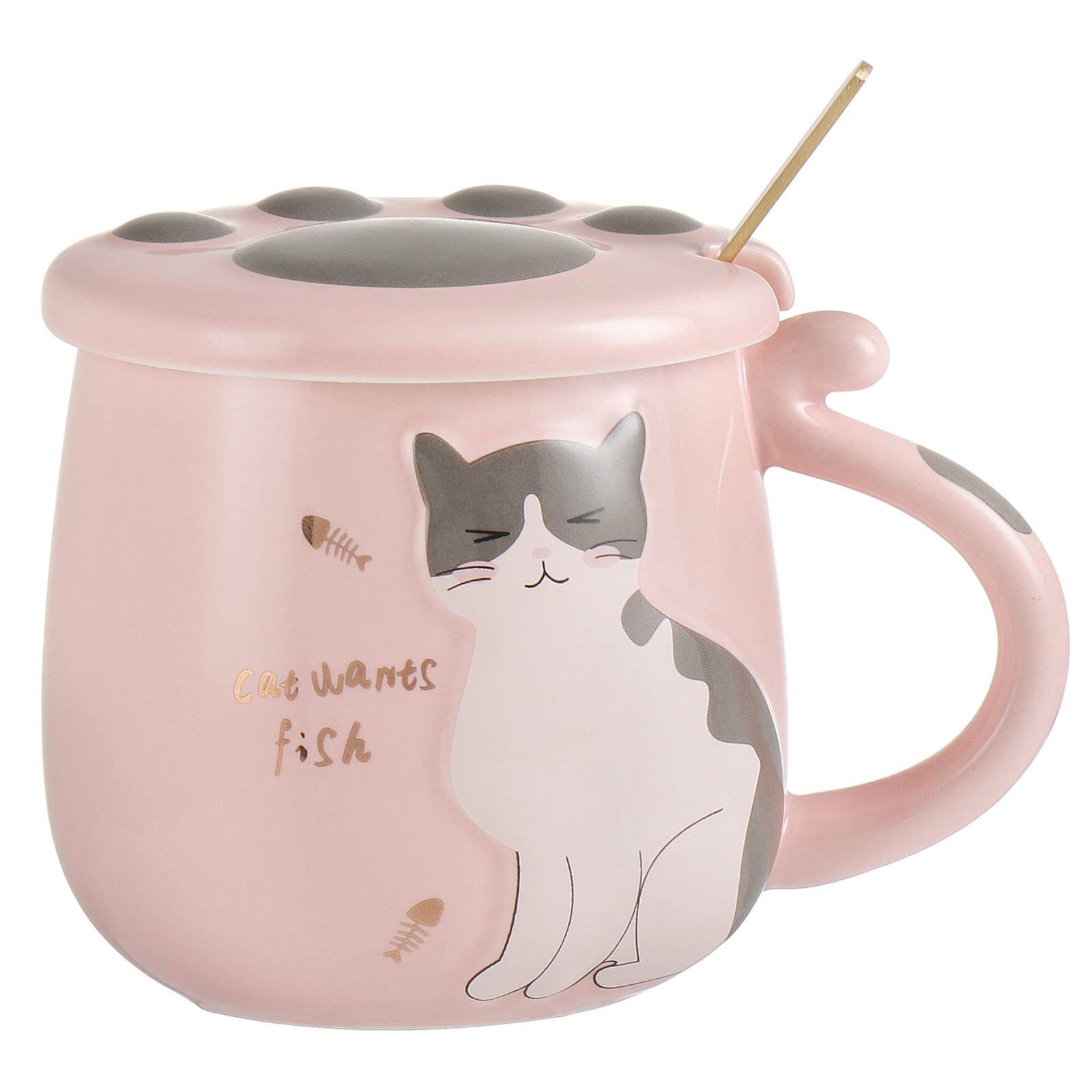 All-Pie Cat Mug Cute Ceramic Coffee Cup with Lovely Cat Claw lid Stainless Steel Spoon,Special Tea Cup Set 400ml/13.5oz (Pink)
