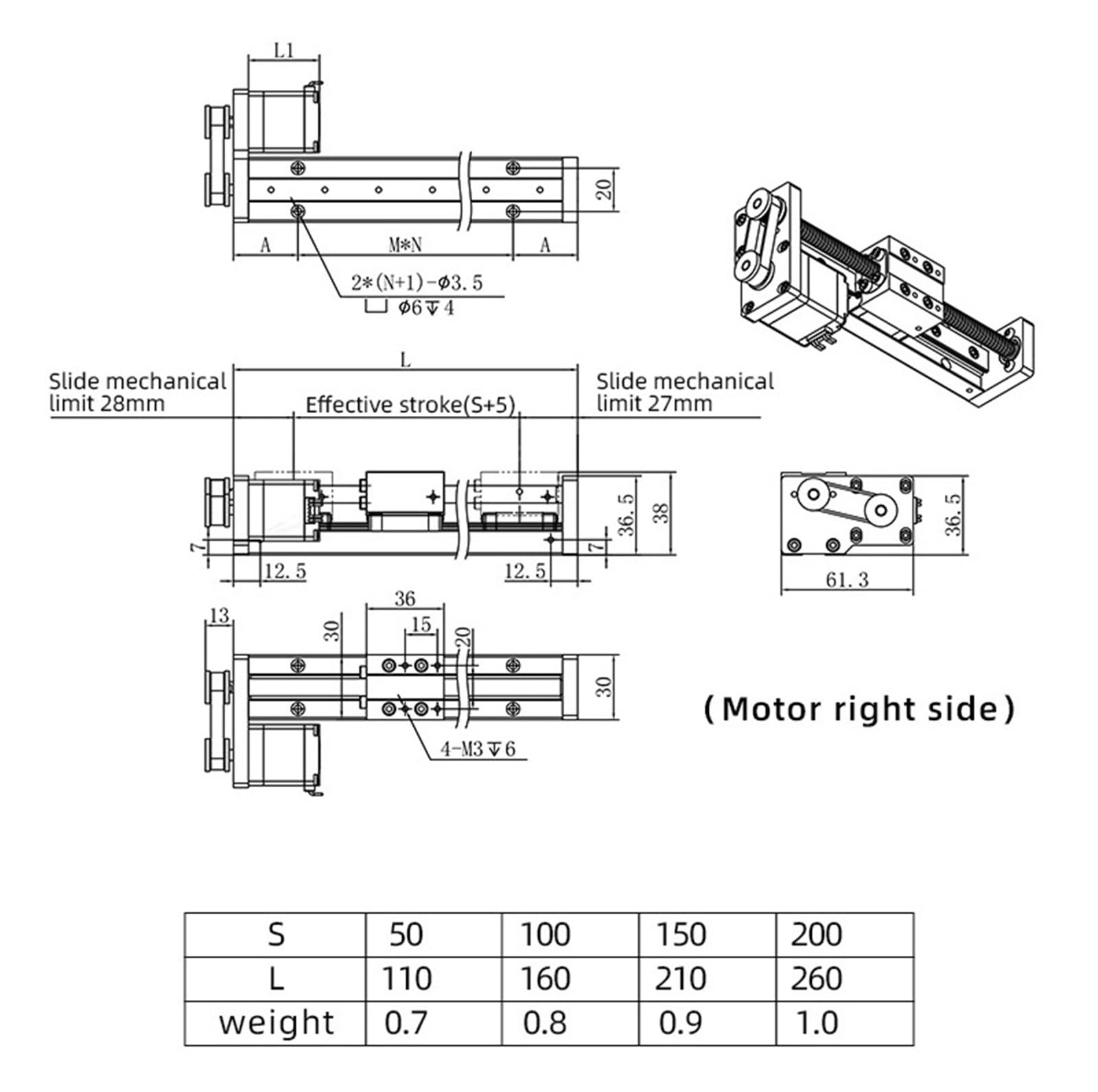 200 mm ±0,03 mm 65 mN.m Skok 2/4/8 mm Jednoosiowa prowadnica liniowa Nema11, montowana z boku, stopień liniowy (montaż silnika w dół, skok -200 2 mm)