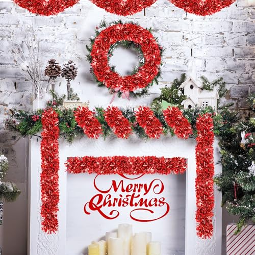 Image of 70 Ft Christmas Tinsel Garland Metallic Tinsel Twist Garland Glitter Christmas Tree Hanging Decorations for New Year Party Birthday Holiday Indoor Outdoor Supplies (Red)