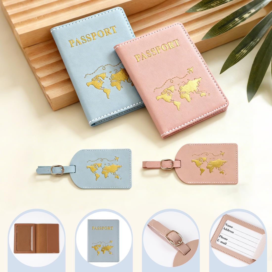 Set di 4 portapassaporti e targhette per bagagli, custodia per passaporto da viaggio francese, protezione con blocco RFID, carte d'imbarco,biglietti da visita, per uomini e donne (blu, rosa)