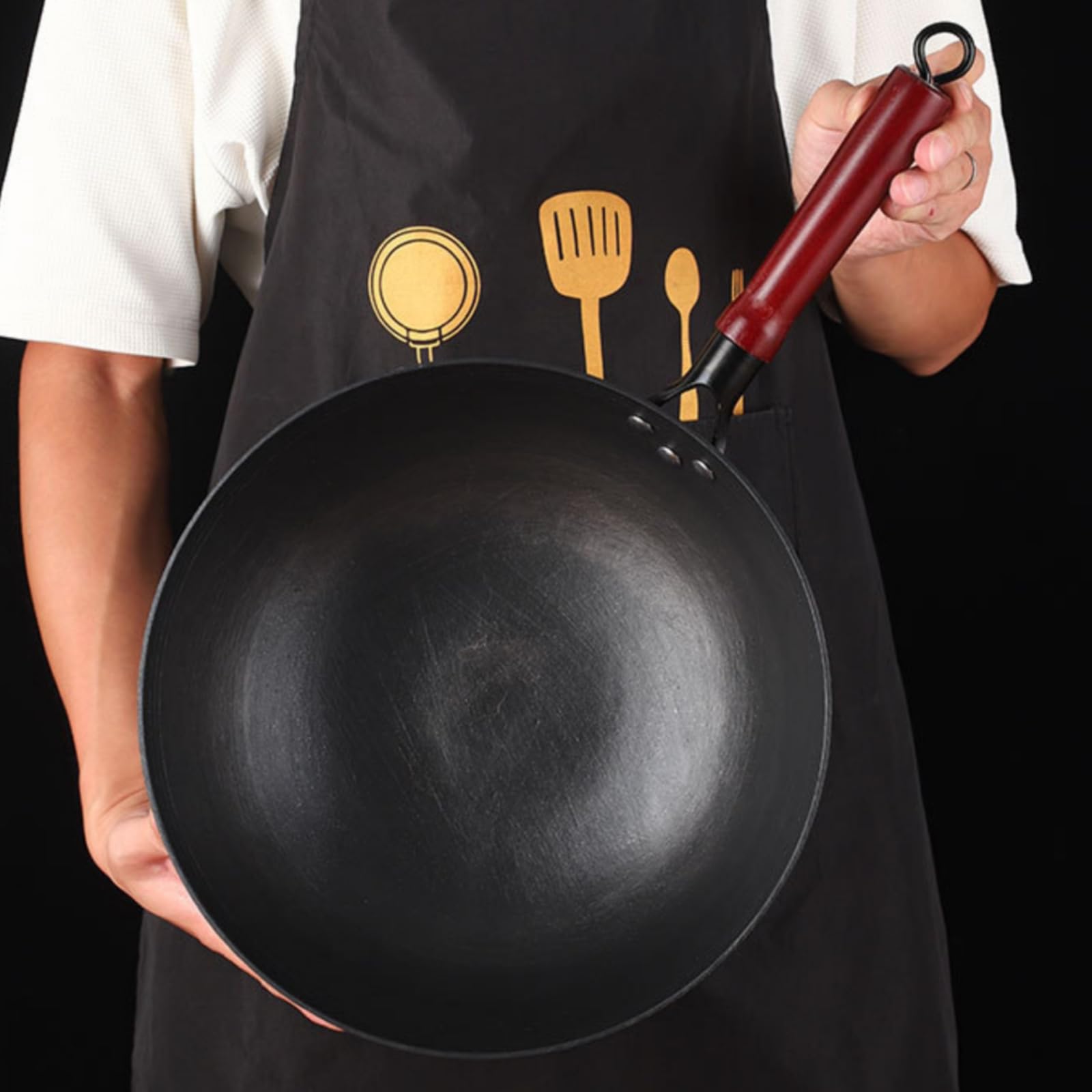 Wok de Hierro Fundido Sartén Olla Cazo con Fondo Redondo para Cocción Ágil y Aromática Superficie Curada Que Evita, 30 Cm, Olla Individual De Fondo Redondo De 30 Cm