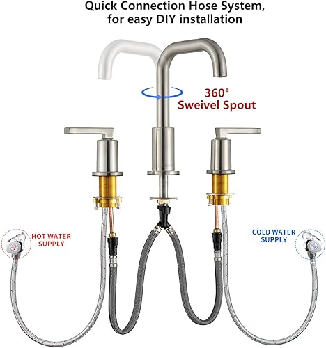 Miniatura 4 de Grifo de baño de níquel cepillado de 8 pulgadas, moderno grifo de baño de dos manijas con drenaje desplegable y 2 líneas de suministro de agua,