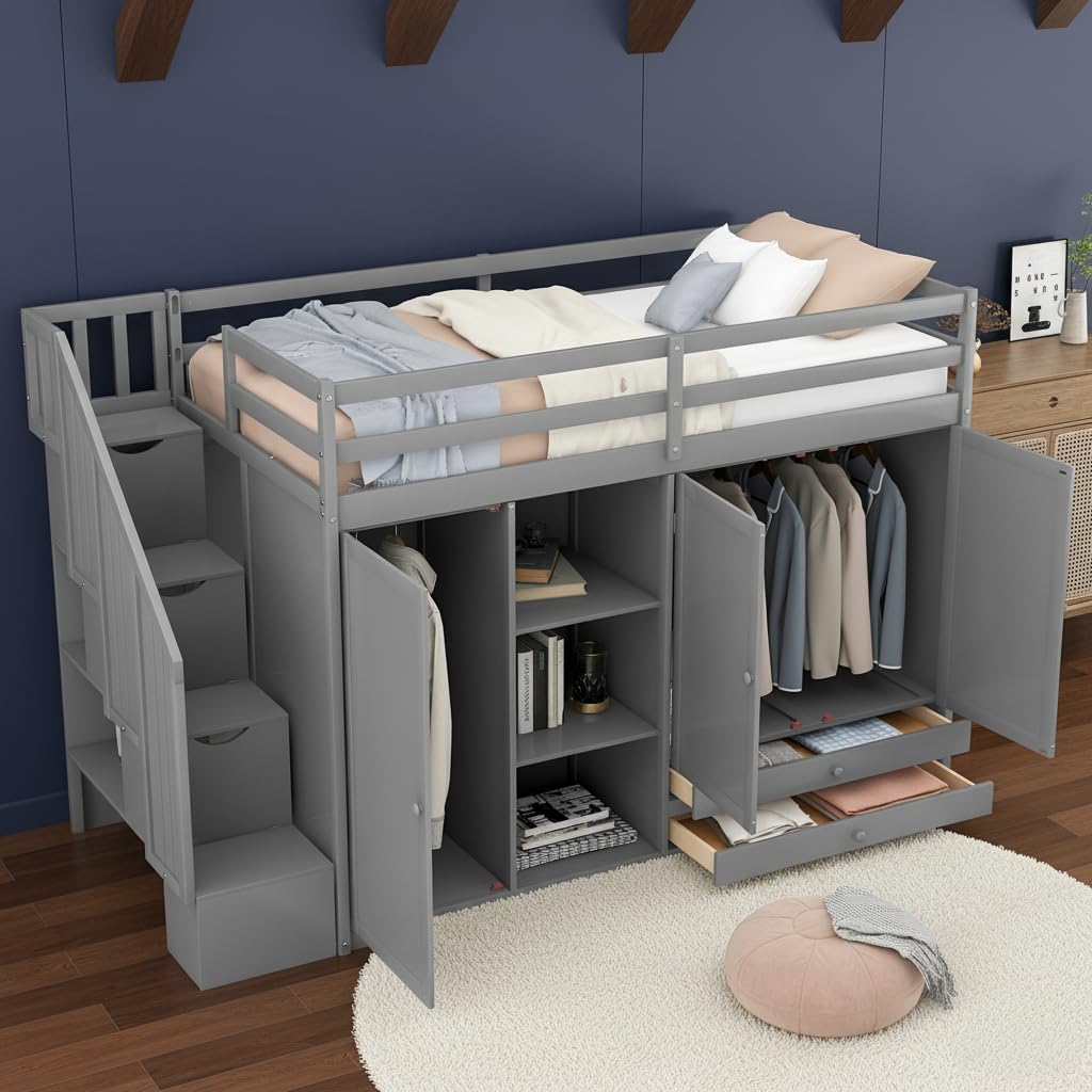 Amazon.com: SOFTSEA Twin Loft Bed with Storage Staircase and Wardrobe -  Solid Wood Loft Bed Frame with Shelves for Kids, Teens