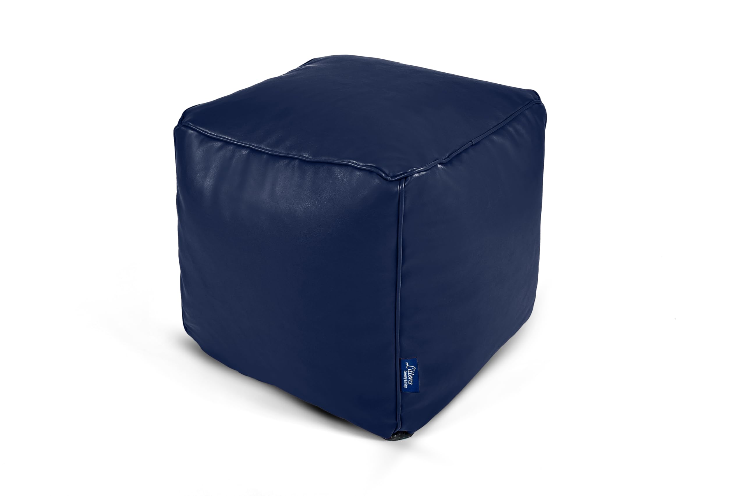 Littens Navy Blue Soft Faux Leather Square Cube Footstool Ottoman Pouffe Bean Bag, Living Room Decorative Seat, Piped Detailing (41cm x 41cm x 41cm)