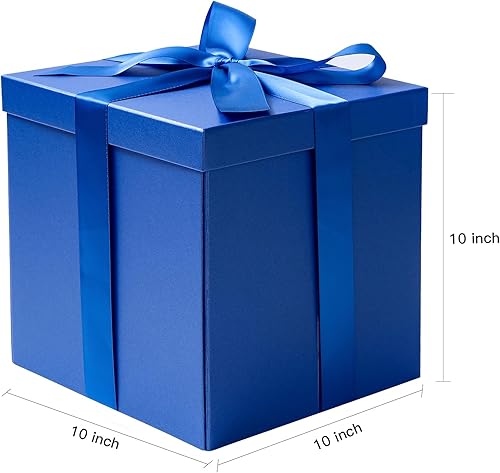 Miniatura 5 de RUSPEPA Caja de regalo de cumpleaños mediana con tapas, cinta y papel de seda, caja de regalo plegable, 1 unidad, 10 x 10 x 10 pulgadas, azul rey