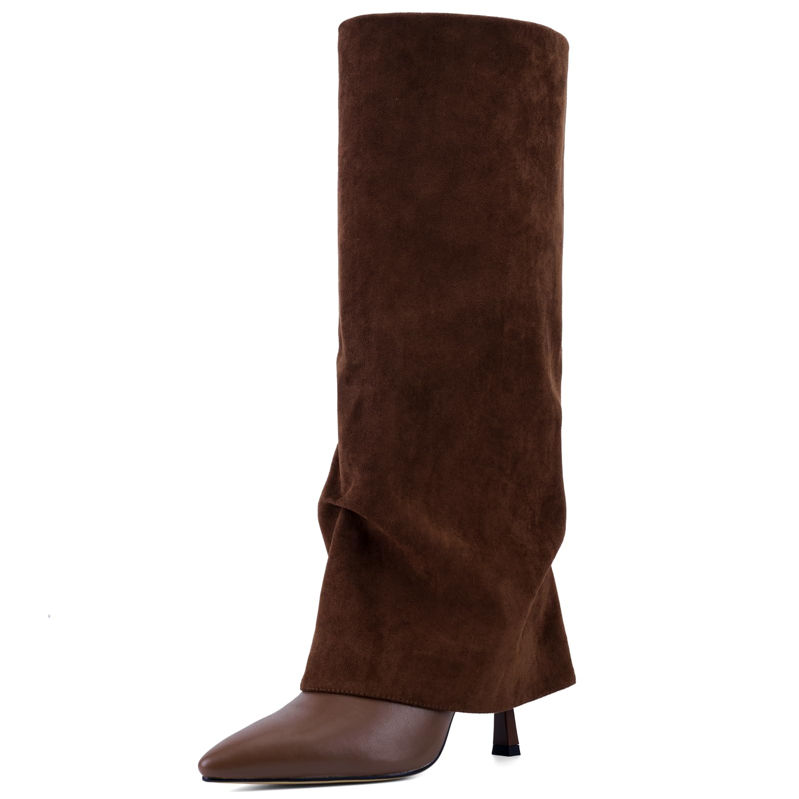 Womens Suede Slouchy Knee High Boots High Heel Pointed Toe Fold Over Loose Fit Winter Boots Slip On