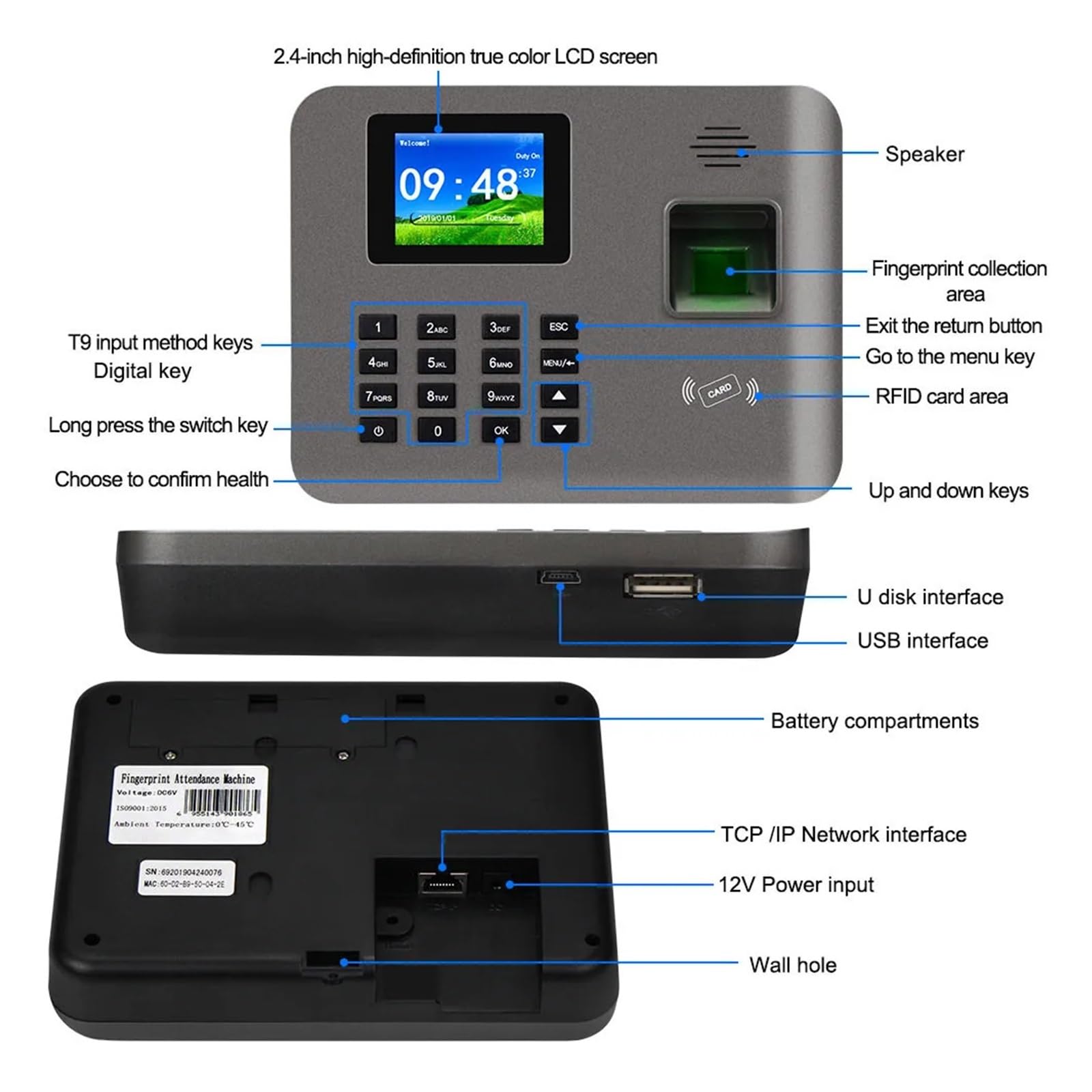 Pointeuse Machine Biométrique De Présence À Empreintes Digitales, 2.4 Pouces, Carte TCP/IP/USB, Dispositif D'enregistrement/départ Des Employés, Logiciel