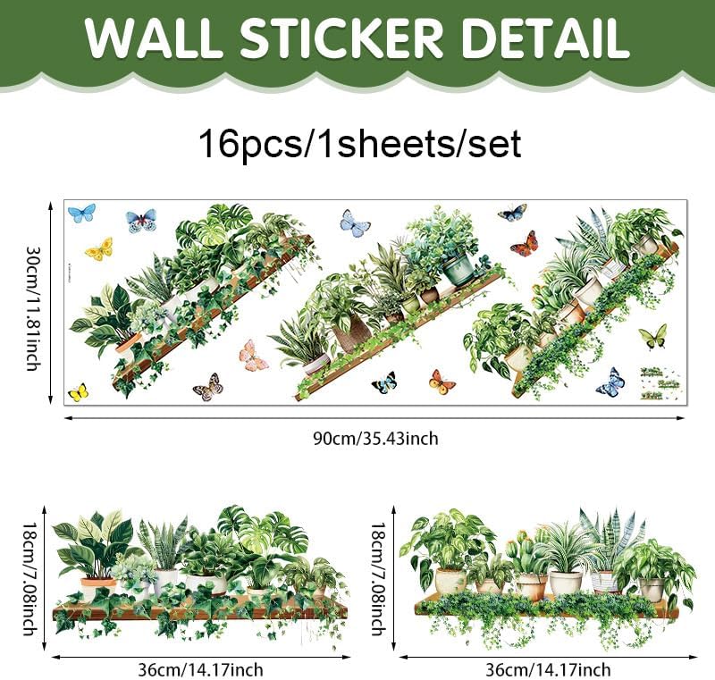 3 Pack 3D Potted Green Plant Shelf Wall Decals Green Botanical Tropical Succulent Butterfly Wall Stickers for Living Room Kitchen Home Decor