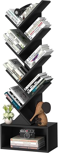 Miniatura 12 de Estantería pequeña con cajón, estantería de 4 niveles en forma de árbol en color negro, estantería de escritorio de madera, estanterías modernas de